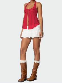 Women Sleeveless Halter Tops Summer Split Hem Tie Up Backless Sequin Embroidery Shirts For Streetwear - Red - View 5