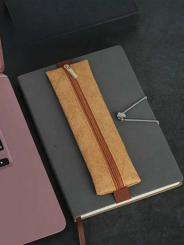 1 Stück Schwarz/Braun/Weiß/Rosa Kunstleder Papier Stifteetui, kreatives Reißverschluss-Verschluss-Design mit faltbarem Riemen, großer Kapazität, strapazierfähige Stifteaufbewahrungstasche für Büro, Schule und Schulanfang