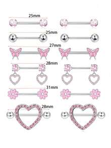 12 件装 14G 乳头环 女士医用钢乳头穿孔 CZ 心形蝴蝶杠铃乳头环套装 可爱乳头穿孔首饰情人节