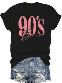 [Camiseta de moda casual] Camiseta suave y cómoda para mujer - Camiseta casual de manga corta y cuello redondo con brillo rosa retro de los 90, regalo perfecto para la abuela y la mamá, uso casual de primavera y verano - Negro - Ver 1
