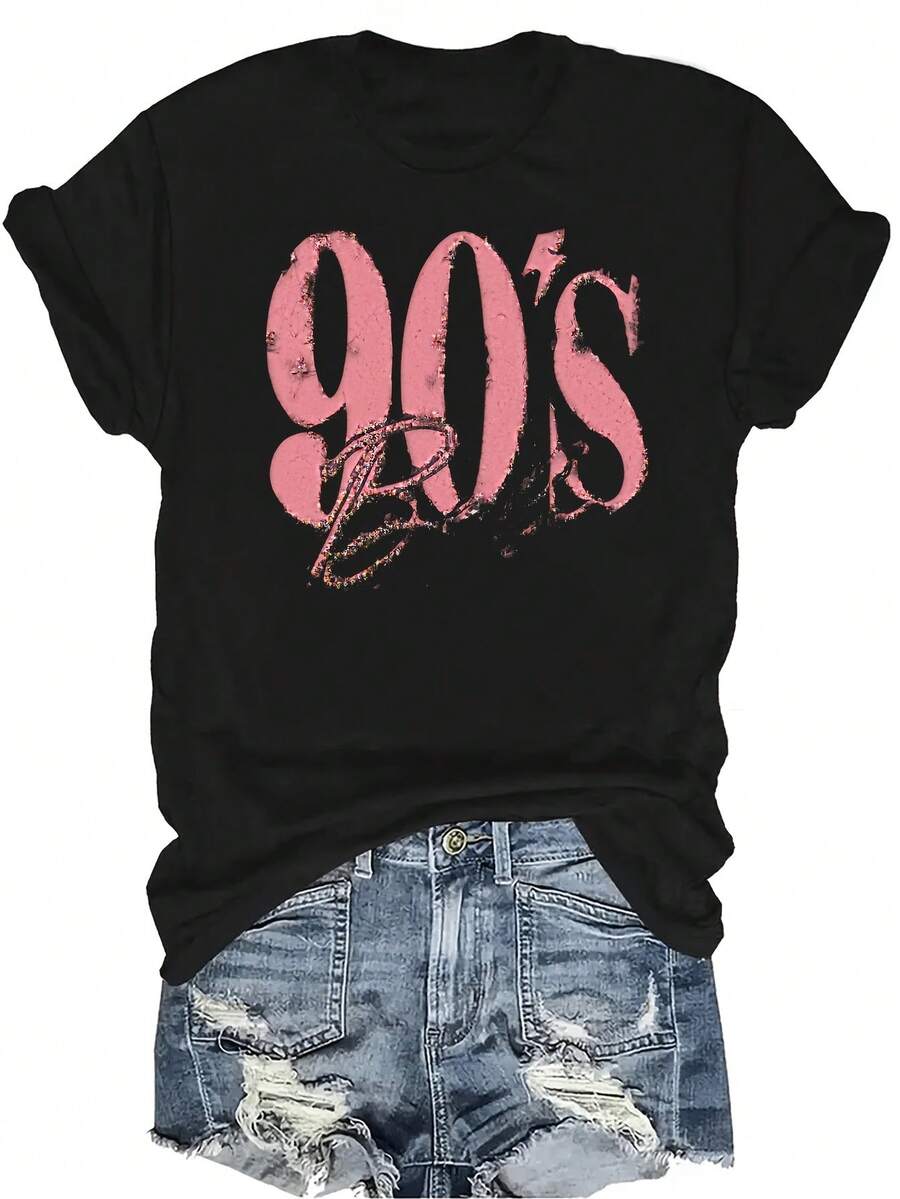 [Camiseta de moda casual] Camiseta suave y cómoda para mujer - Camiseta casual de manga corta y cuello redondo con brillo rosa retro de los 90, regalo perfecto para la abuela y la mamá, uso casual de primavera y verano - Negro - Ver 1