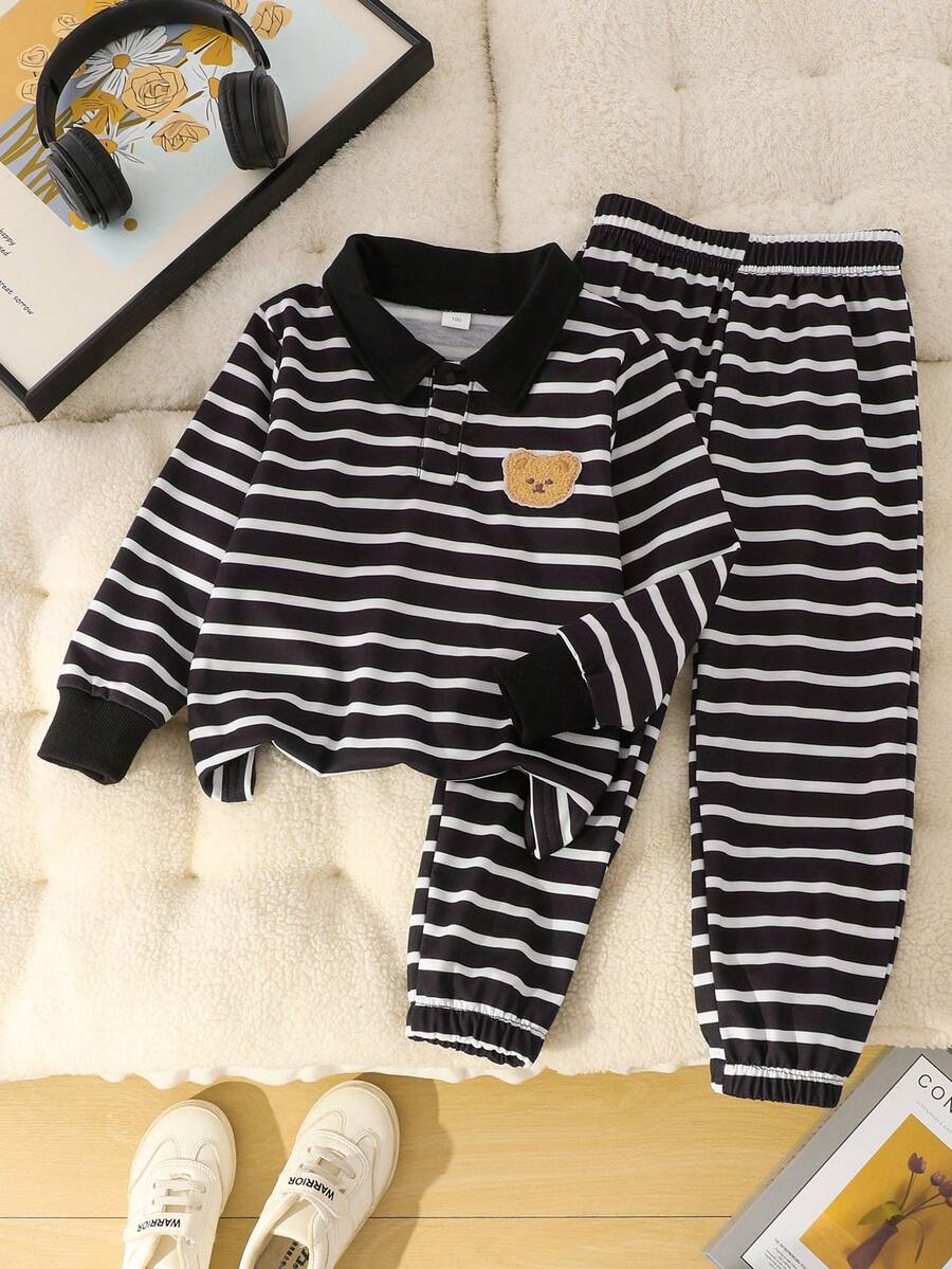 2 pezzi Set di polo a righe con stampa orsetto e pantaloni a righe, stile casual minimalista, adatto per attività all'aperto, completo adorabile per bambini, 3-7 anni