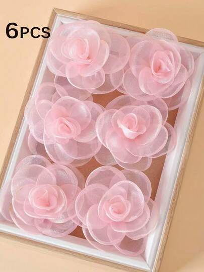 6 件女孩可爱甜美玫瑰花发夹，清新雪纺网布材质，适合日常和节日使用