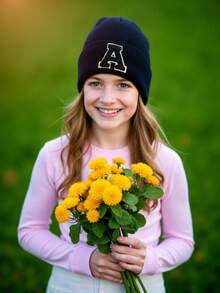 1 件儿童 A-Z 26 字母印花针织帽，柔软温暖秋冬头饰，适合婴儿少女女孩日常使用生日礼物 - 黑色 - 查看 5