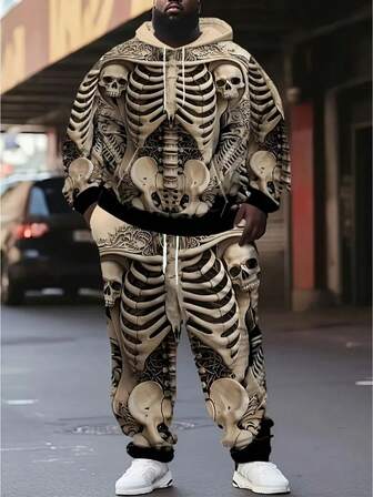 Conjunto de sudadera con capucha y pantalones de talla grande con estampado digital 3D de calavera de terror, estilo de Halloween, ropa de otoño