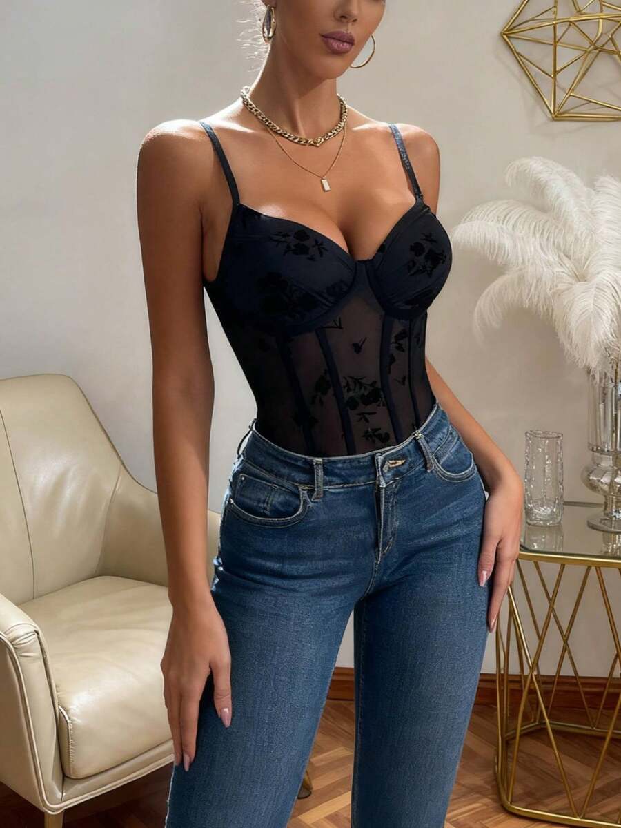 Black Floral Mesh Steel Bra Jumpsuit - Sexy Fitted Deep V-Neck - Black - View 1