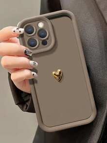 1pc Luxury 3D Golden Heart Soft Silicone Phone Case, Compatible With IPhone 17/17Air/17Pro/17ProMax/16/16ProMax/16Pro/16Plus/XR/15/14 Pro Max/12/13 Pro/11, Candy Color Shock-Proof And Anti-Fall Full Protection,International Version, Not The Domestic Version - Brown - View 3