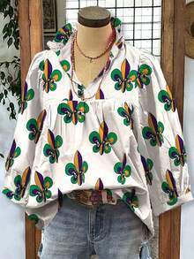 Mardi Gras Fleur-De-Lis Print Puff Sleeve Oversized Blouse - trắng - Xem 3