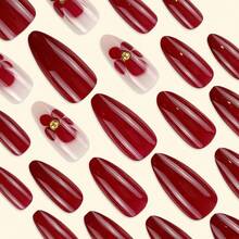 Halloween Top-Loved Handmade Press-On Nails |   Red Floral & Rhinestone Accents (24 Pieces)