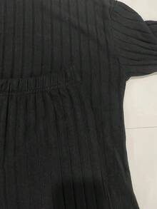 Solid Ribbed Two-Piece Set, Casual Mock Neck T-Shirt & Wide Leg Pants Outfits, Women's Clothing - 黑色 - 查看 5