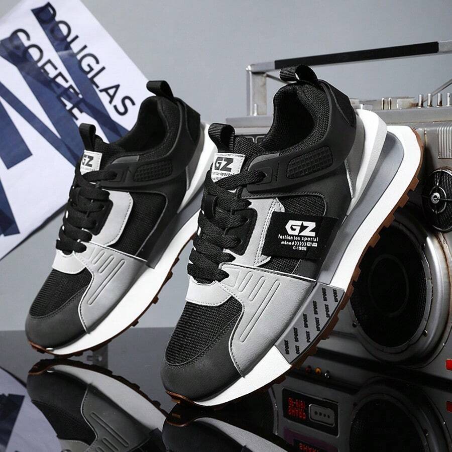 Men's Vintage Old School Style Sneakers, Comfy Non Slip Durable Lace Up Shoes For Men's Outdoor Activities - 黑色 - 查看 1