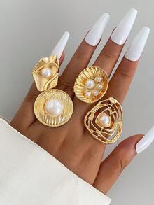 1pc Metal Material Faux Pearl Exaggerated Geometric Hollow Single Ring Ladies Daily Casual Wear