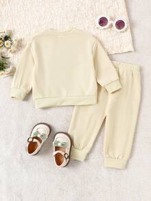 Bộ 2 áo dài tay họa tiết hoa dễ thương màu mơ cho bé gái + quần dài, mùa thu/đông - Màu be - Xem 2