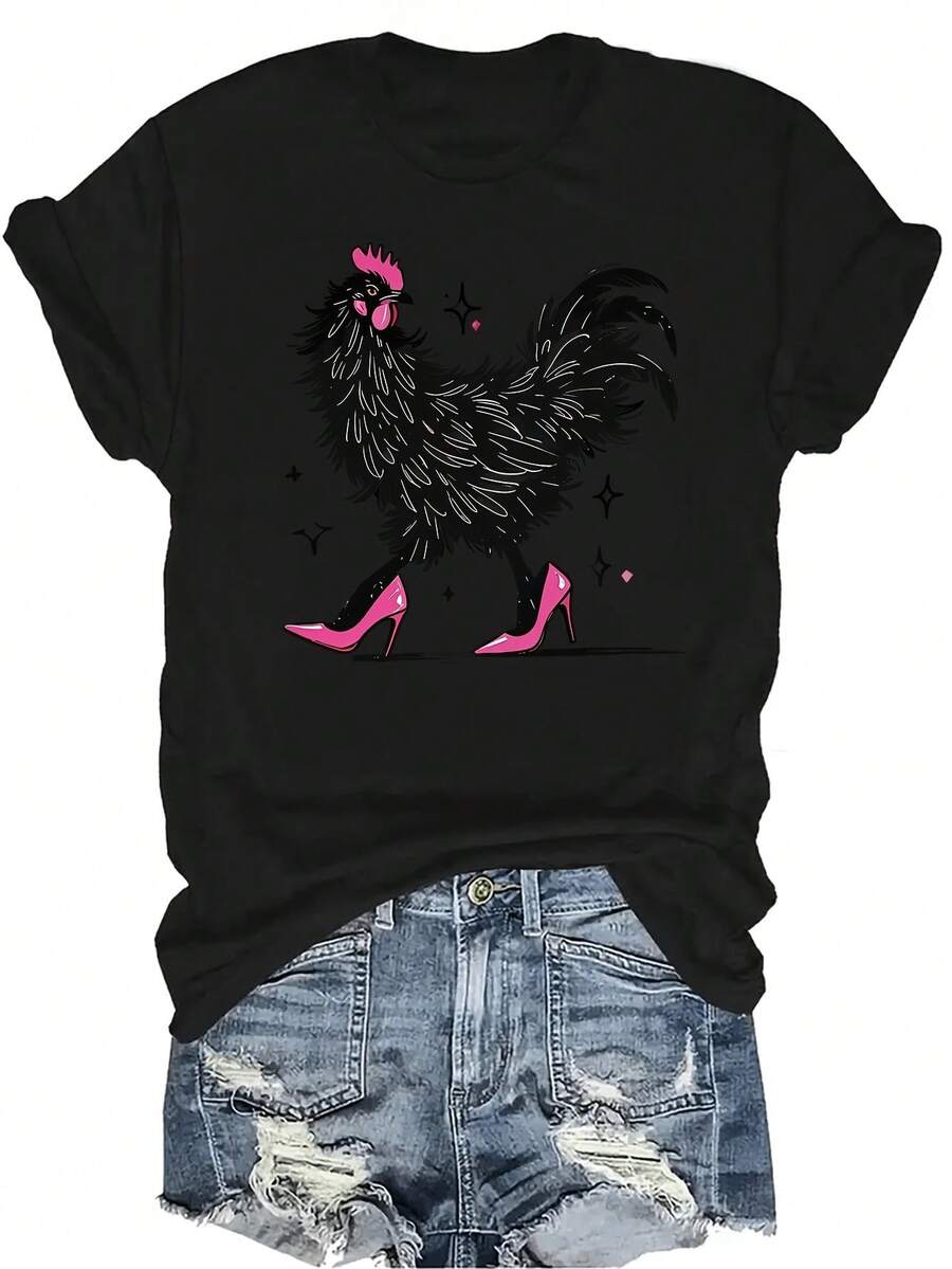 [Camiseta de moda casual] Camiseta de mujer suave y cómoda - Camiseta de manga corta de cuello redondo con estampado casual de tacones de gallo, regalo perfecto para la abuela y la mamá, ropa casual de primavera y verano - Negro - Ver 1