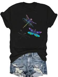 [Camiseta de Moda Casual] Camiseta de mujer suave y cómoda - Parte superior de manga corta de cuello redondo con estampado casual de libélula colorida, regalo perfecto para la abuela y la mamá, uso casual de primavera y verano - Negro - Ver 1