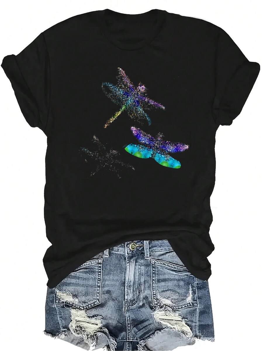 [Camiseta de Moda Casual] Camiseta de mujer suave y cómoda - Parte superior de manga corta de cuello redondo con estampado casual de libélula colorida, regalo perfecto para la abuela y la mamá, uso casual de primavera y verano - Negro - Ver 1