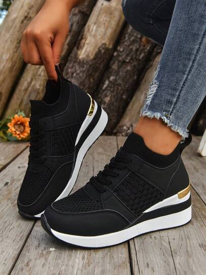 2025年春秋季新款厚底系带坡跟休闲运动鞋女鞋