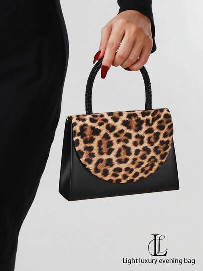 Bolso de mano con estampado de leopardo y bloques de color, estilo retro europeo y americano, bolso de embrague con estampado de leopardo de PU, bolso de tote formal con decoración de strass en el asa, bolso de hombro adecuado para boda, fiesta, baile, reunión, regalo de vacaciones, regalo de mujer, monedero