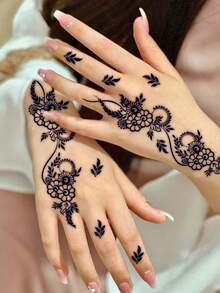 1pc Herbal Temporary Tattoo Sticker, Lasts 7-14 Days, Henna Flower Pattern, Washable PVC Material, Disposable, Waterproof & Sweat-Proof, Suitable For Waist & Knee, Non-Reflective, Realistic Tattoo, Suitable For Fashion Enthusiasts Daily Use - Black - View 3