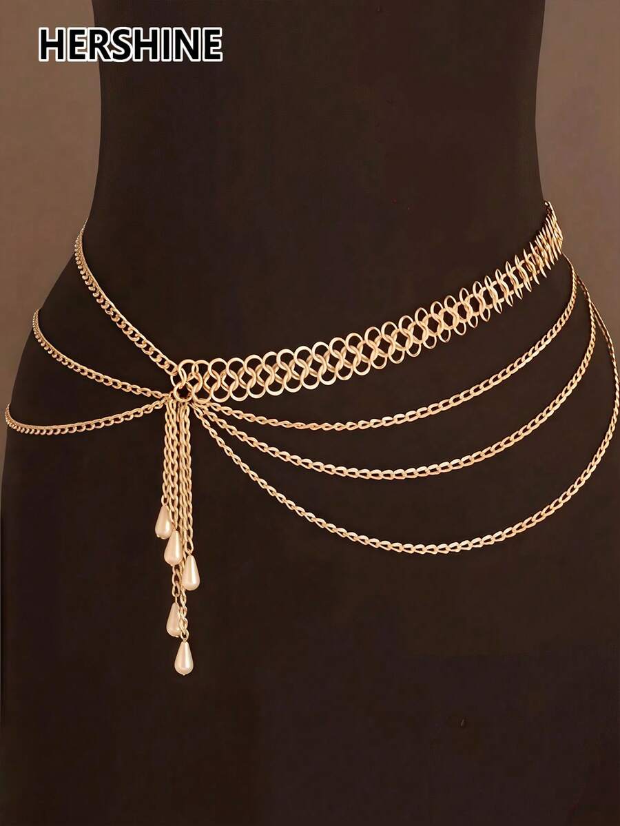 1条多层链条流苏珍珠腰链，适合夏季、秋季、万圣节及其他场合佩戴 - 金色1 - 查看 1