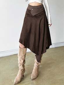 Top Dazzle 纯色宽松街头时尚高腰不对称下摆女裙 - 棕色 - 查看 1