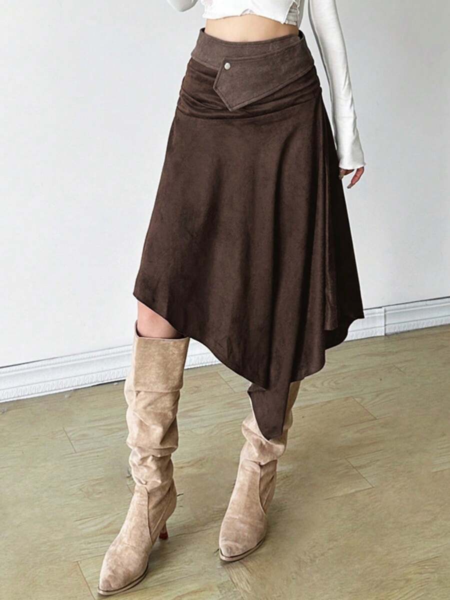 Top Dazzle 纯色宽松街头时尚高腰不对称下摆女裙 - 棕色 - 查看 1