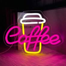 咖啡霓虹灯、咖啡杯 LED 标志、悬挂咖啡吧商业墙艺术标志霓虹灯、USB 供电明亮咖啡标志，适用于咖啡吧配件、咖啡馆、咖啡角、餐厅、节日、生日派对、家居装饰，易于安装。 - 多色光 - 查看 12