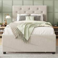 Upholstered Bed, 140x200cm, Bed With Slatted Base (Without Mattress), Bed With Storage Container, Velvet, Minimalist, - Beige + Velvet + 90cm*200cm - View 4