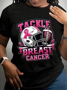 Women'S Pink Breast Cancer Awareness T-Shirt -  Tackle Breast Cancer  Graphic With Football Helmet & Pink Ribbon, Casual Crew Neck Short Sleeve Tee For All Seasons, Breast Cancer Awareness Shirts,220g