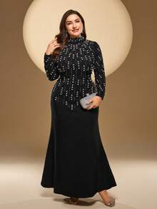 Plus Size Women's Mandarin Collar, Solid Color, Heavy Beaded, Rhinestone Decor, Pearls, Long Mermaid Hem Elegant Long Sleeve Maxi Dress, Suitable For Formal Occasions, Parties, Galas
