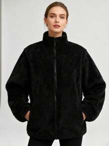 Autumn And Winter Fashion Women's Zipper Plush Solid Color Jacket - màu đen - Xem 2