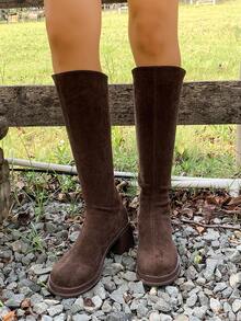 Botas Cano Alto de Salto Grosso e Sola Grossa, Moda Versátil, Salto Alto, Botas Cano Longo Casuais e Elegantes com Zíper Traseiro e Elástico, Uso Escritório, Primavera Verão Outono Inverno