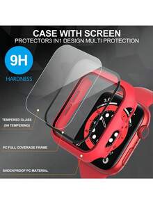 Tempered Glass Screen Protector - Full-Coverage Rugged PC Protective Case, HD Ultra-Thin, Compatible With Apple Watch Series Ultra/SE/11/10/9/8/7/6/5/4/3/2/1, Fits 38/40/41/42/44/45/46/49mm Cases, Smart Watch Case Accessory, Red - Red - View 3