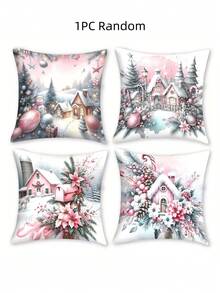 4 piezas/1 pieza Funda de almohada navideña rosa - Diseño de casa nevada, adorno de Papá Noel y flor de Pascua, 45x45 cm | Cierre con cremallera | Material de poliéster de colores brillantes | Para sala de estar, decoración de habitación, sofá y dormitorio (relleno no incluido) Excelente para decoraciones navideñas, fiestas de Navidad, decoración de dormitorio, decoración del hogar en invierno
