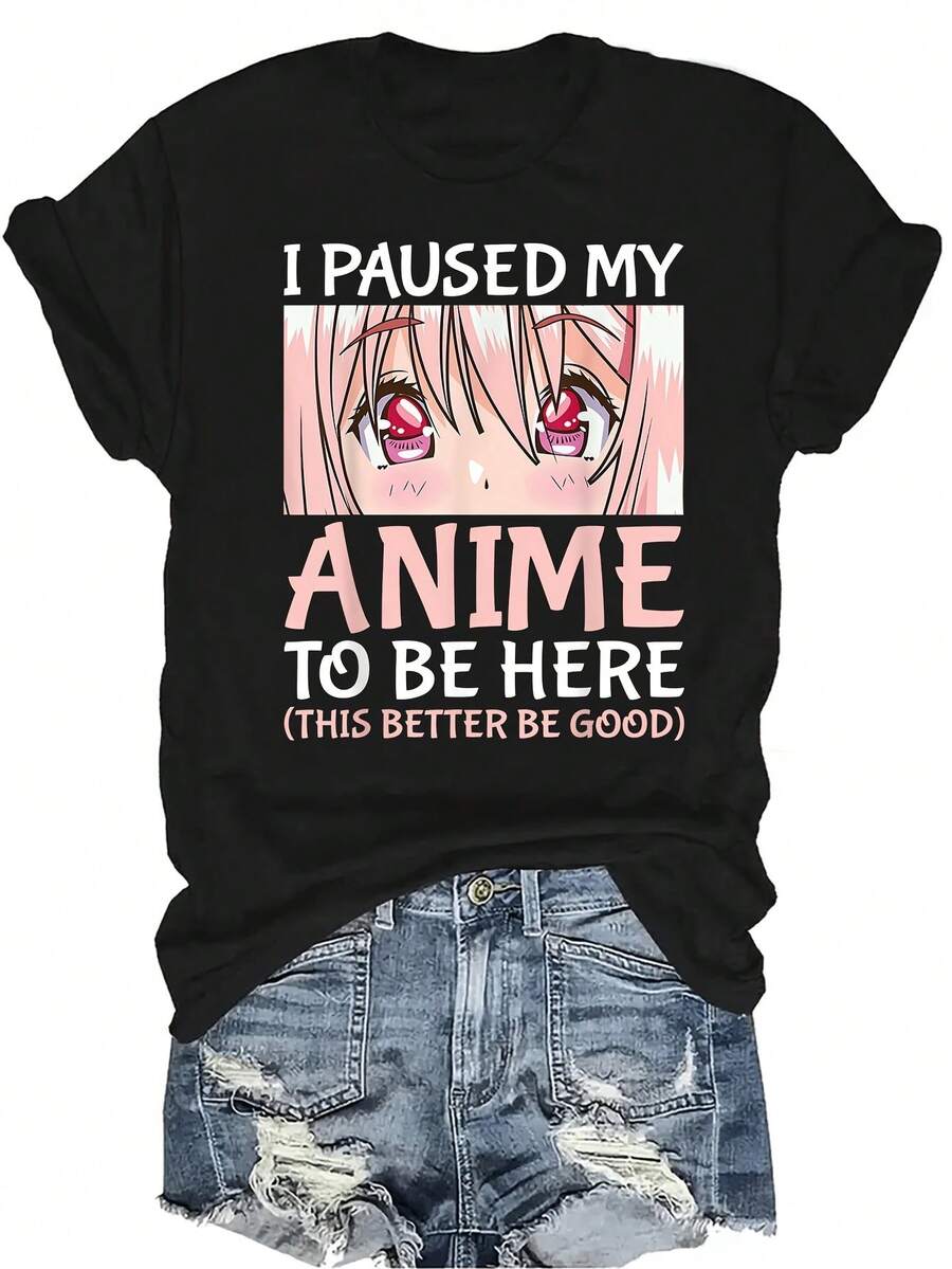 [Camiseta de moda casual] Camiseta suave y cómoda para mujer - Alerta de pausa para amantes del anime, casual de manga corta y cuello redondo, regalo perfecto para la abuela y la mamá, uso casual de primavera y verano - Negro - Ver 1