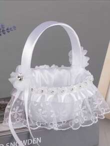 1pc Lace Trim Delicate White Flower Girl Basket For Wedding - White - View 3