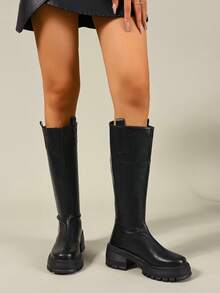 2025秋冬新款女高筒靴，一脚蹬弹力高筒靴，粗跟高跟女靴，舒适弹力女鞋，经典高筒靴，中跟女靴，时尚百搭休闲女高筒靴，女士时尚靴子，女士过膝靴，女士中筒靴，弹力靴 - 黑色 - 查看 4