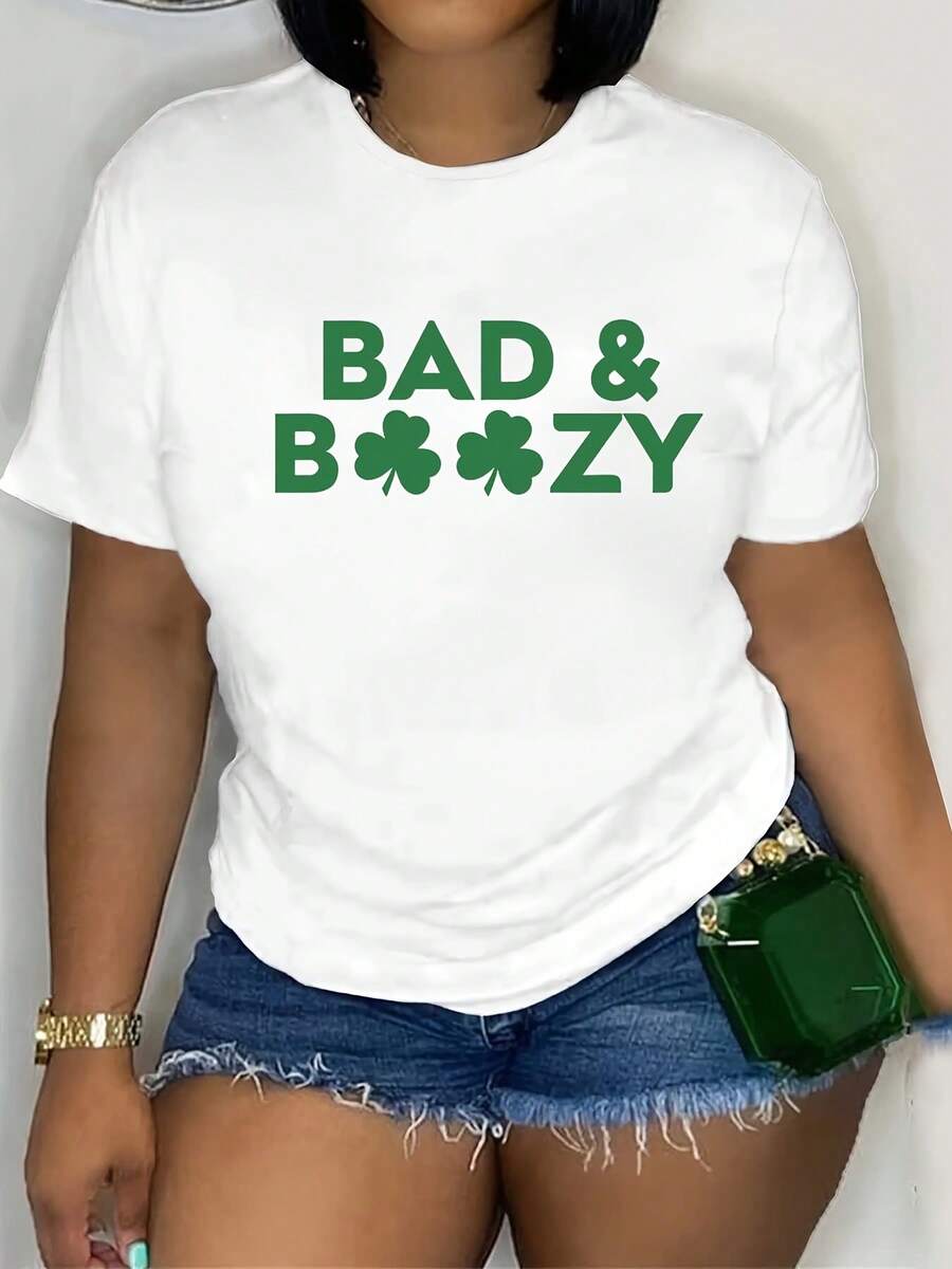Bad And Boozy St. Patty's Clovers T-Shirt, Funny Drinking Irish Beer Tee, Funny Patrick's Day, Paddy's Clover Tee, Irish Tradition Tee - 白色 - 查看 1