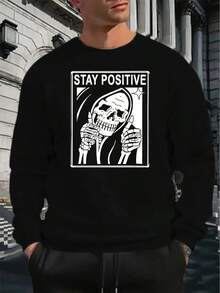 Men's Oversized Beige Sweatshirt With Motivational Stay Positive & Skull & Barbell Weightlifting Graphic - Relaxed Fit Round Neck Long Sleeve Casual Gym & Casual Attire,Fall Hoodies,Men's Fall Clothes,Street Wear,Halloween,Mens Hoodies,Y2k Clothes,Jesus Hoodie,Thanksgiving Day,Nightmare Before Christmas,Christmas - Black - View 1