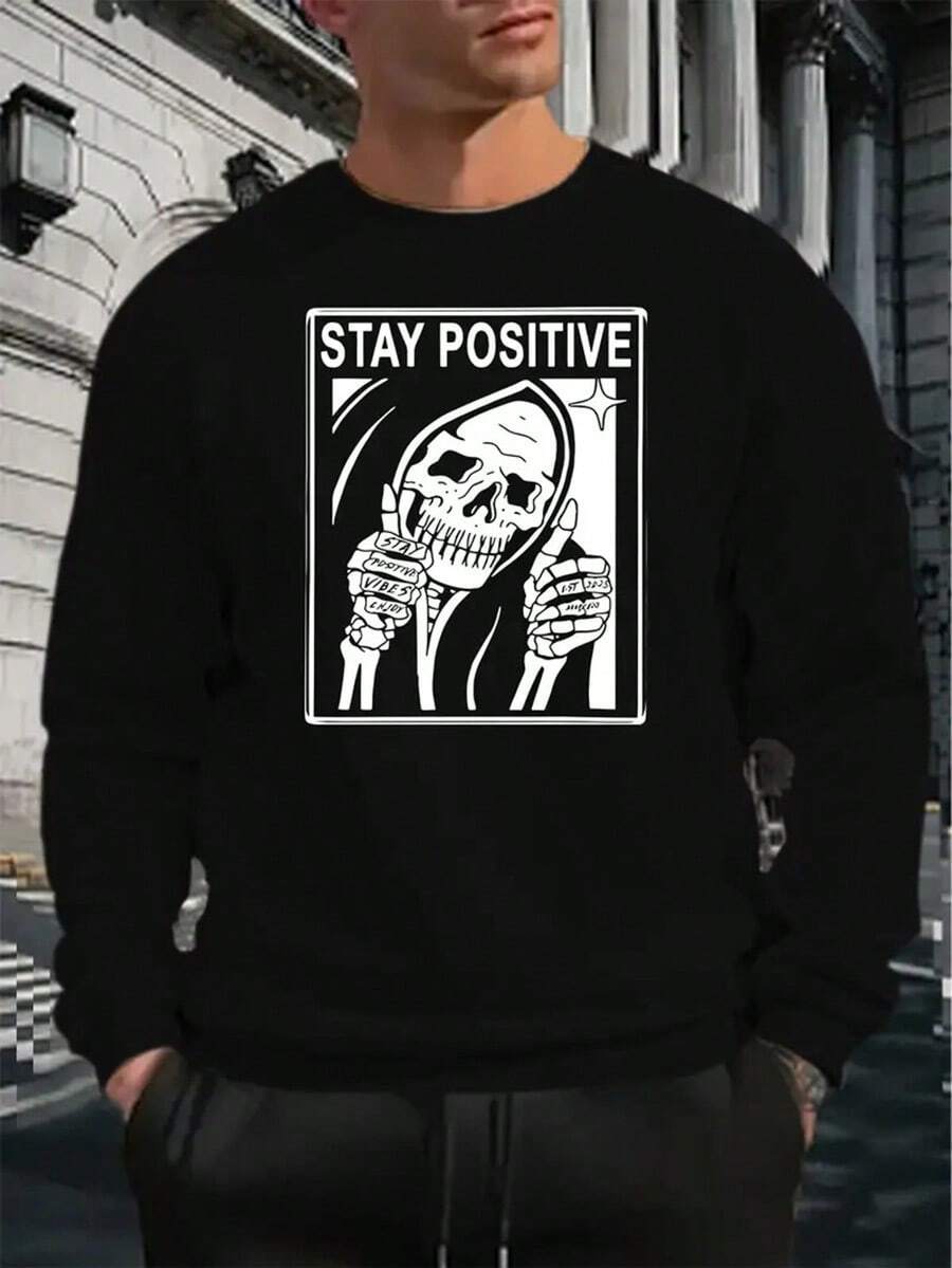 Men's Oversized Beige Sweatshirt With Motivational Stay Positive & Skull & Barbell Weightlifting Graphic - Relaxed Fit Round Neck Long Sleeve Casual Gym & Casual Attire,Fall Hoodies,Men's Fall Clothes,Street Wear,Halloween,Mens Hoodies,Y2k Clothes,Jesus Hoodie,Thanksgiving Day,Nightmare Before Christmas,Christmas - Black - View 1