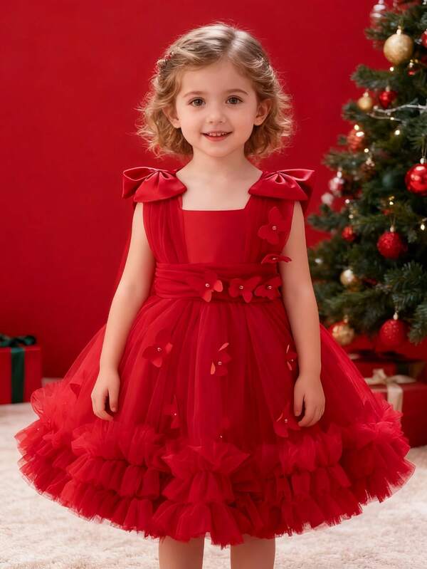 Young Girls Christmas Butterfly Applique Beaded Tulle Princess Dress
