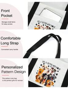 حقيبة تسوق نسائية بتباين الأبيض والأسود مع جيب، طباعة 8 كلاب ضاحكة، الحياة أفضل مع الكلاب، بسحاب، حقيبة بألوان متباينة، حقيبة صغيرة بألوان متباينة، حقيبة تسوق محمولة باليد، حقيبة تسوق أبيض وأسود، حقيبة تسوق بألوان متباينة، تخزين طعام الكلاب، حقيبة تسوق للتنقل، حقيبة تسوق سعة كبيرة