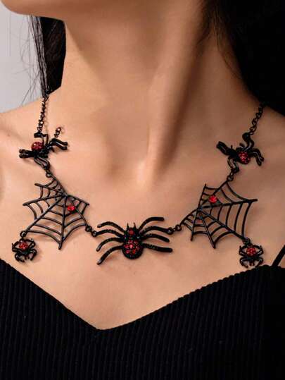1Pc Vintage Gothic Halloween Black Spider Web Pendant Necklace,Women's Jewelry For Daily&Party,Halloween Accessory