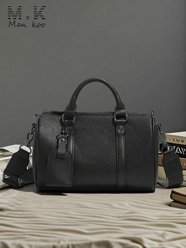 American Niche Minimalist Men's Bag, Crossbody Bag, Fashion Boston Pillow Bag, Houndstooth, Letter, Geometric Pattern Print Block Bag, PU Leather Classic Cylindrical Shoulder Bag, Street-Style Small Bag, Handbag, Gift For Men Sling Bag For Men Gym Bag Vintage Side Bags For Men New Life Items For Students Men Essentials Fashion Men's Bags Business Graduation School Supplies Travel Bags