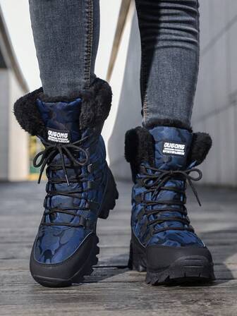 Women's Snow Boots, Motorcycle Boots - Camouflage, Lace-Up Closure, Warm Lining, Rubber Sole, Round Toe Mid-Calf Boots, Suitable For Hiking And Casual Wear, Couple's Windproof Hiking Boots, Thick Sole Anti-Slip Waterproof Outdoor Boots