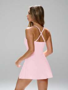 PinkTip 1pc Women's Versatile Backless Elastic Jumpsuit, Solid Color Minimalist Waist Cinched Casual Sports Romper, Autumn/Winter Pink Summer - 粉色 - 查看 7