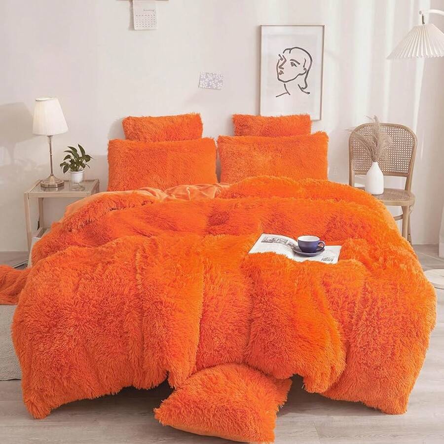 Plush Shaggy Duvet Cover Set, Ultra Soft Fluffy Bedding Sets 3 Pieces (1 Fuzzy Comforter Cover + 2 Pillow Cases), Zipper Close (, Pink), Luxury Bedding - 橘子 - 查看 1