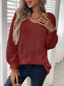 Plus Size Solid Color Crew Neck Casual Long Sleeve Knit Sweater - Burgundy - View 2