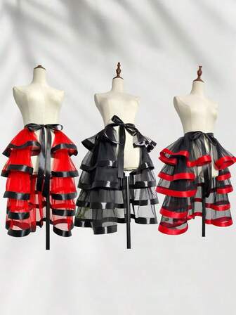5-Layer Ribbon Trim Detachable Midi Tulle Skirt, Black, Red & Black, Black & Red Color Block, Party Decoration, 60-100cm Length, Suitable For Gothic, Bridal, Lolita, Wedding, Performance, Photography, Cosplay