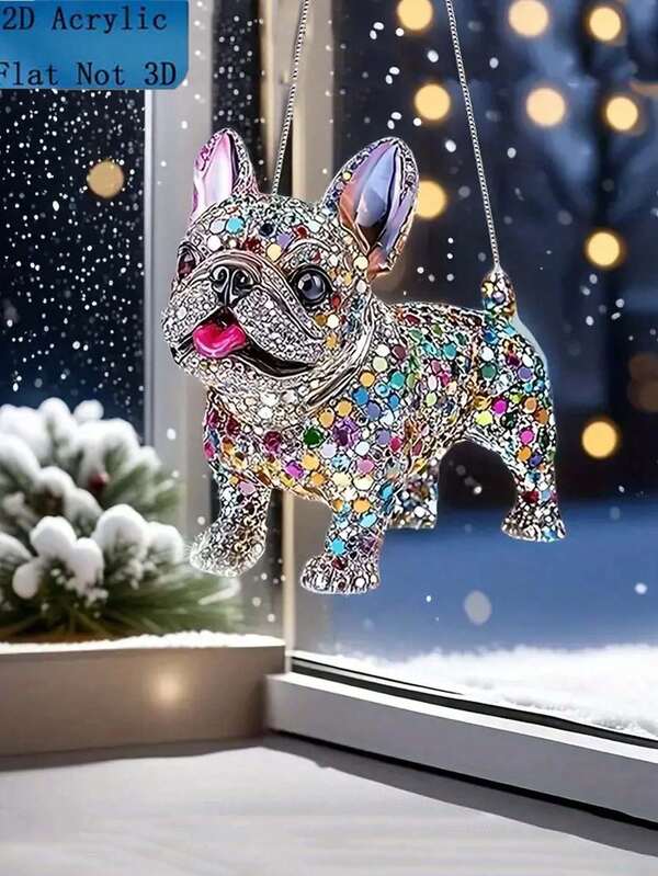 2D Flat Shining French Bulldog Acrylic Light Catcher - Colorful Crystal-Like Hanging Ornament With Pink Bow, Suitable For Home, Office And Garden | Perfect Gift For Dog Lovers And Festival Celebrations, Dog Decoration, 2D Flat